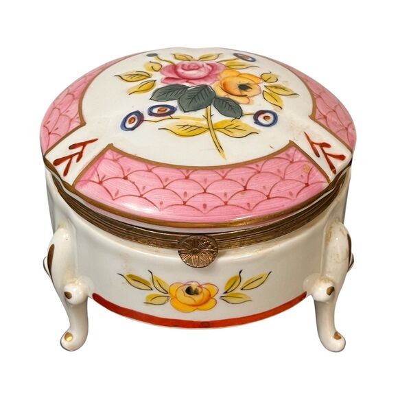 Vintage Handpainted 3 Footed Floral Hinged Trinket Box Porcelain Roses by Isco - Picture 2 of 16